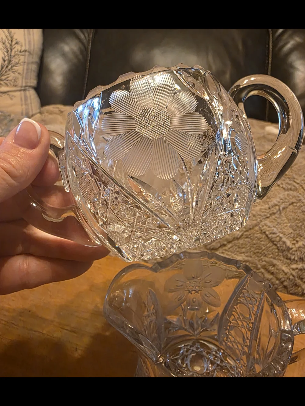 Vintage Heavy Cut Crystal Creamer & Pitcher Set | Floral Etched Crystal